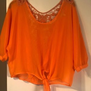 Quarter sleeve bright orange front tie lace top